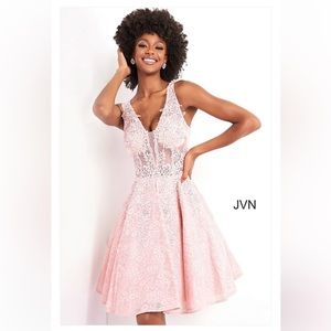 Jovani JVN45264 sheer embroidered lace fit and flare short